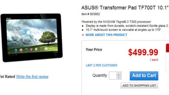 الجهاز اللوحي ASUS Transformer Prime TF700T متوفر الآن بسعر 499.99 دولار أميركي