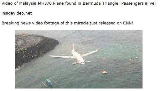 إنتبه: خبر “العثور على الطائرة الماليزية المفقودة” إنما هو فخ الكتروني للمحتالين
